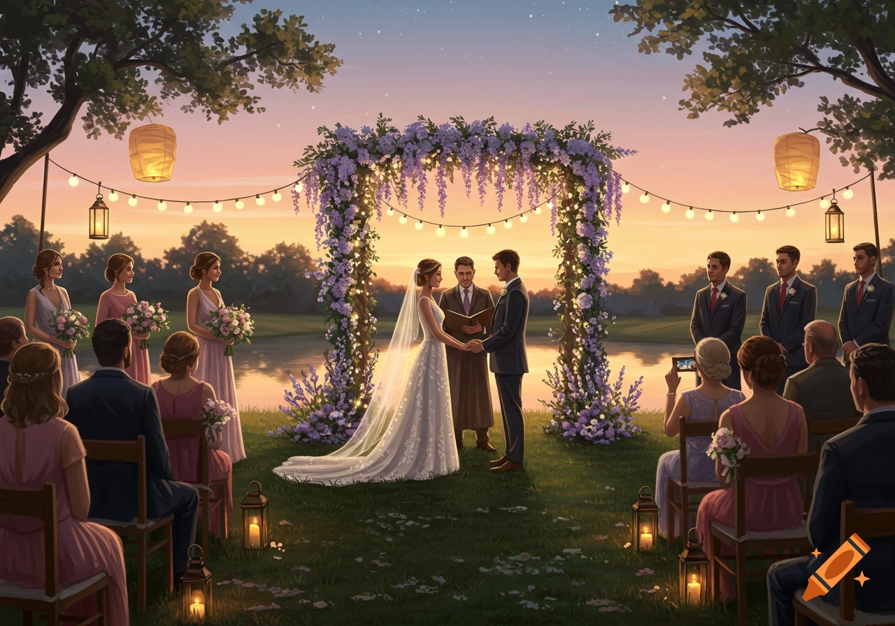 A beautiful outdoor wedding ceremony at sunset, featuring a couple and an officiant under a floral arch, with guests seated.