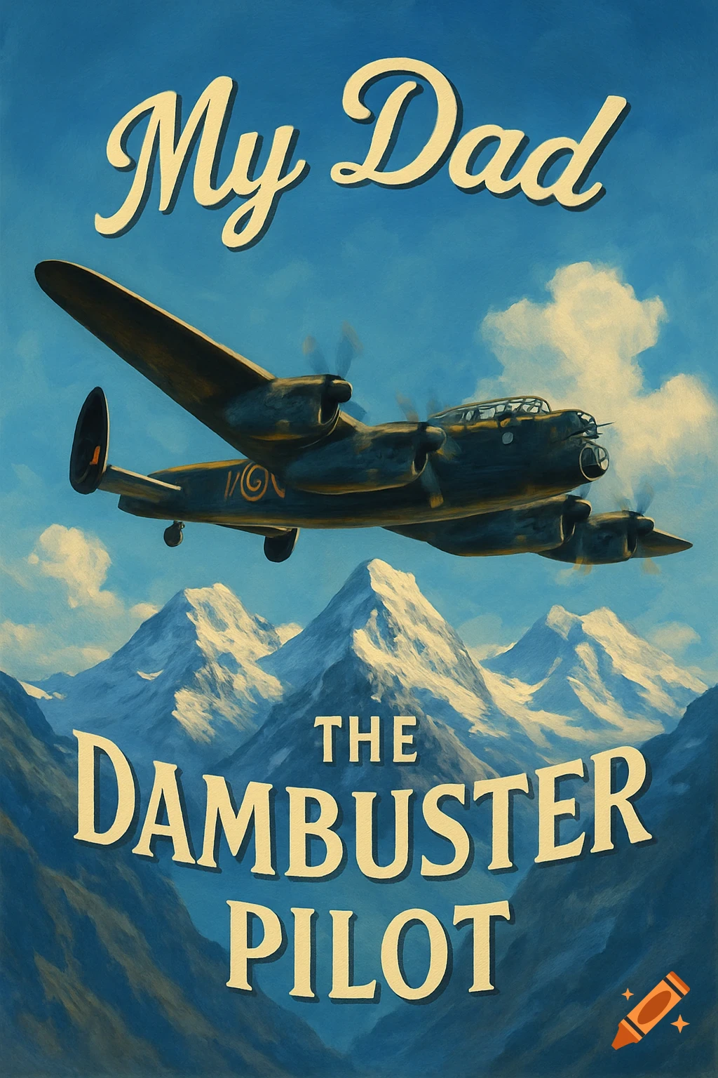 Vintage poster art of a Lancaster Bomber flying over snowy mountains with the text 'My Dad The Dambuster Pilot'.