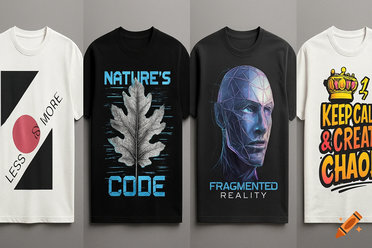 Four t-shirt designs. From left: White with black geometric and red circle, text "LESS S MORE". Black with grey oak leaf and blue accents, text "NATURE'S CODE". Black with futuristic wireframe face, text "FRAGMENTED REALITY". White with colorful crown and text "KEEP CALM & CREAT CHAOS!".