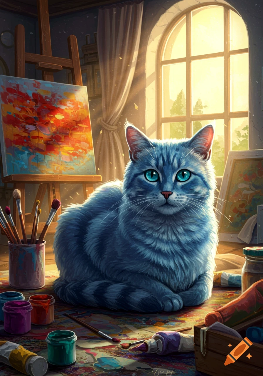 A blue-gray striped cat with bright blue eyes sits in an artist's studio. An easel with a vibrant abstract painting, art brushes, and paint tubes are on the colorful floor, with sunlight streaming through a large arched window.