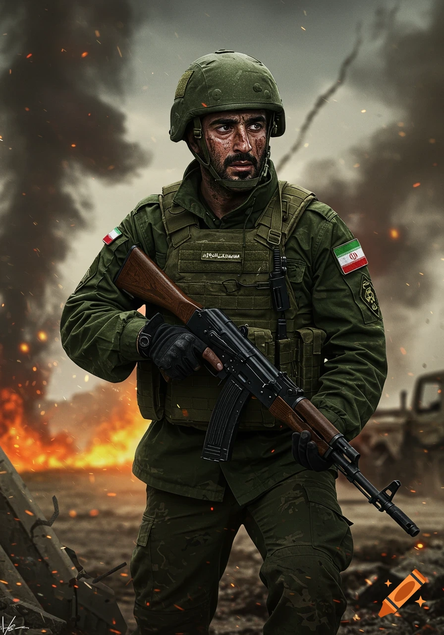 A photorealistic digital painting of an Iranian soldier in uniform and helmet, holding an assault rifle, standing in a battlefield with smoke and fire.