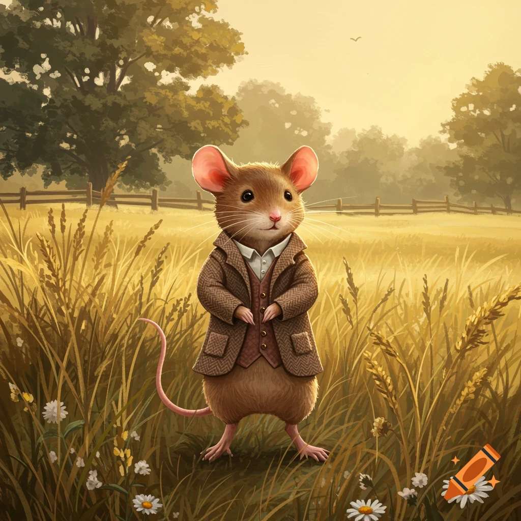 An anthropomorphic mouse wearing a tweed jacket and vest stands in a golden field of tall grass with white daisies.