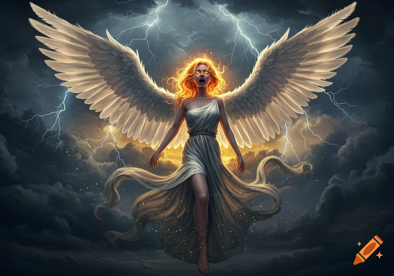 A powerful angelic woman with large white wings, fiery red hair, and glowing eyes, stands defiantly amidst a stormy sky with lightning.