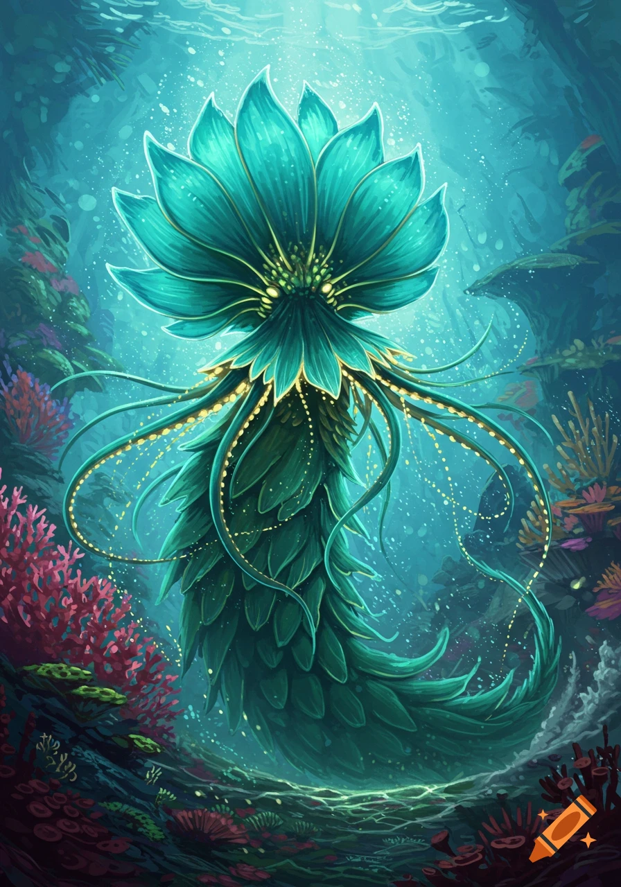 A vibrant fantasy creature, resembling a glowing green and teal lotus-like being with tendrils, in an ethereal underwater reef.