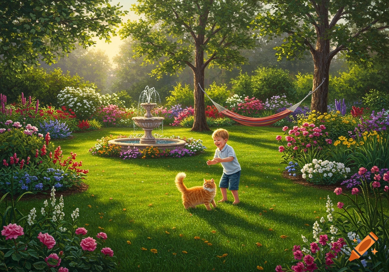 A happy boy plays with an orange cat in a beautiful, sunlit garden with a fountain, colorful flowers, and a hammock.