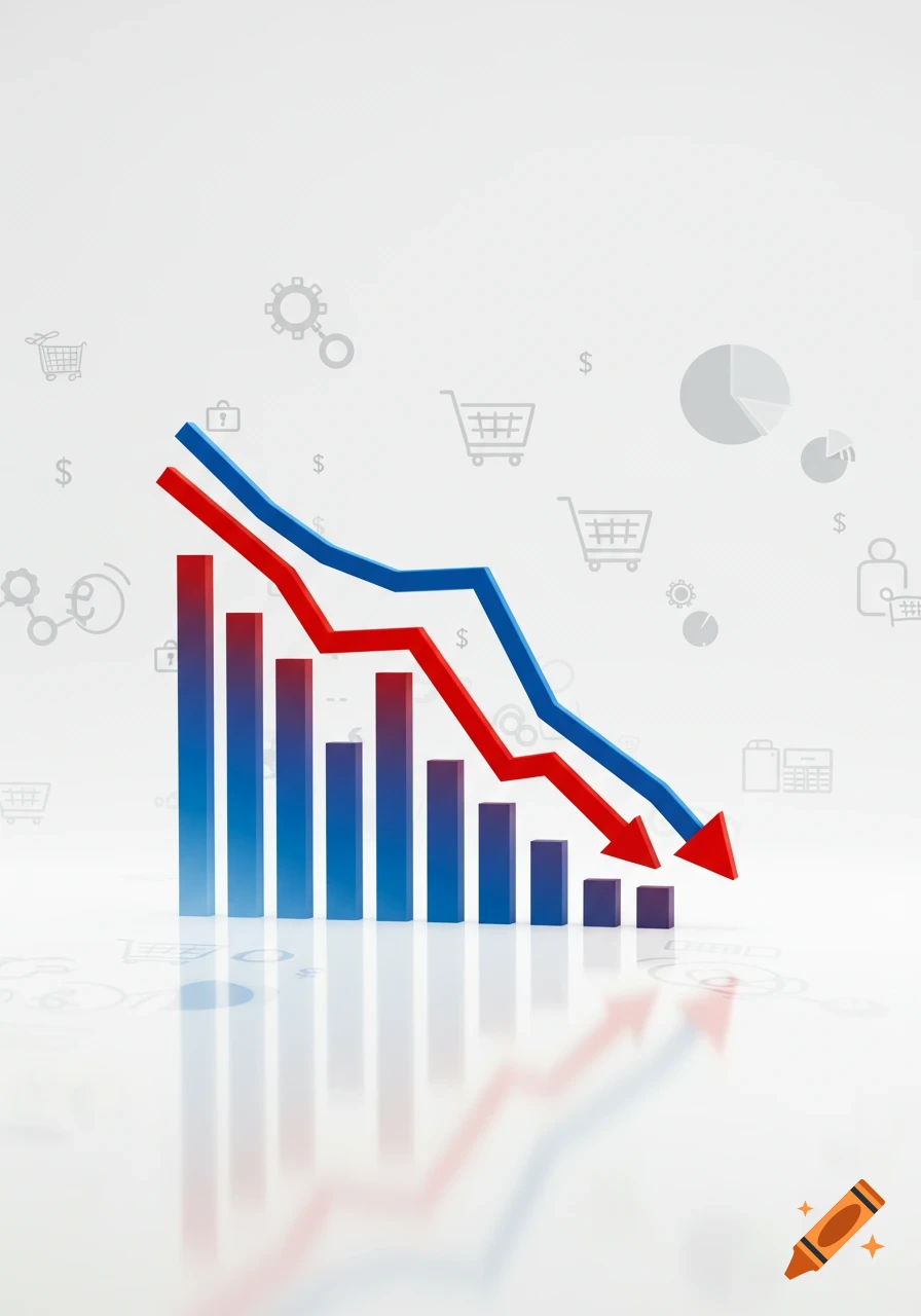 A 3D business graphic with blue bars and red and blue lines showing a downward trend on a white background with business icons.