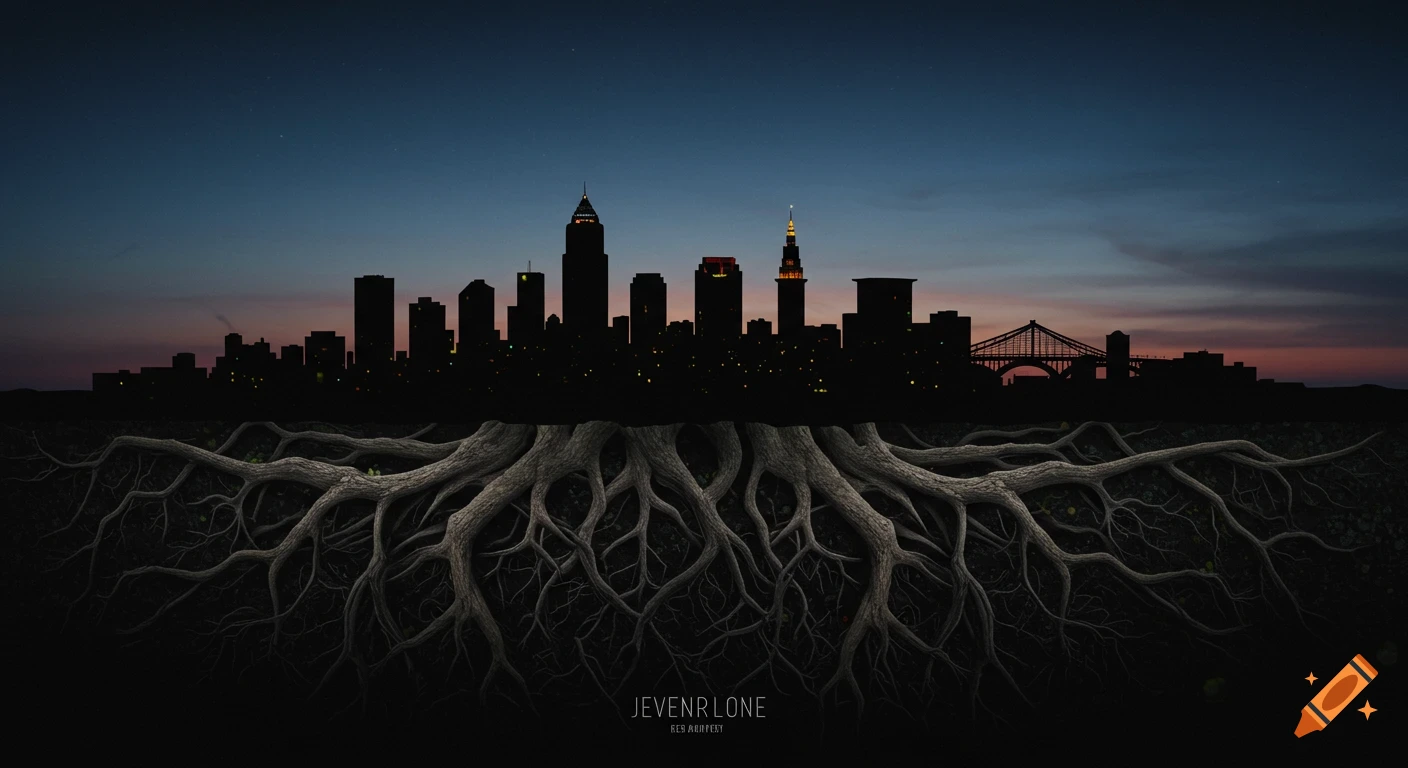 Silhouette of the Cleveland skyline at dusk with large tree roots growing beneath it.