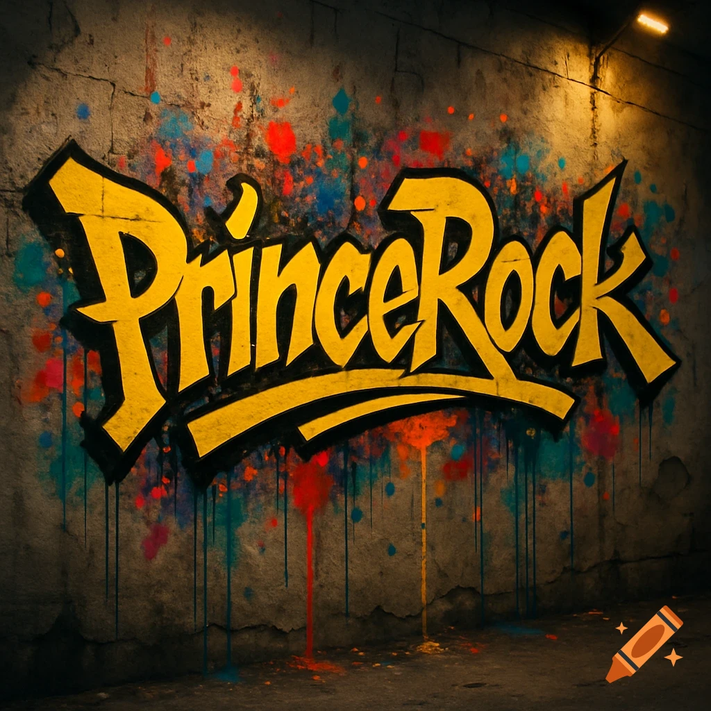 Yellow graffiti of 'PrinceRock' on a grunge concrete wall with colorful paint splatters and drips, lit by a dim overhead light.