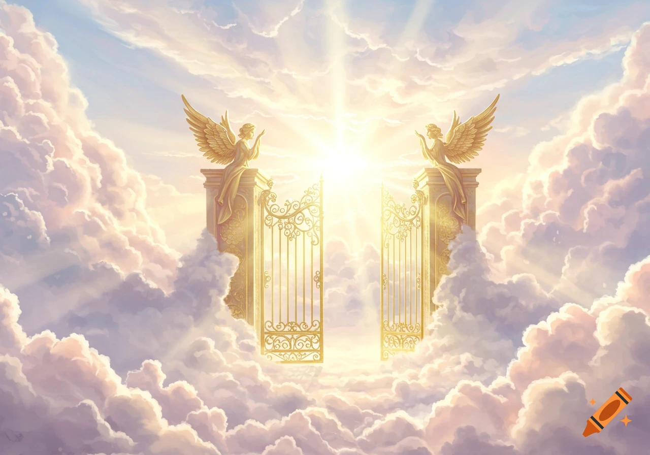 A majestic golden gate to heaven with angel statues, bathed in brilliant light among soft clouds.