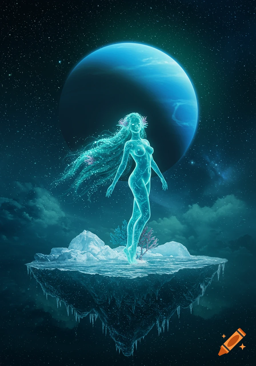 A glowing, ethereal woman stands on a floating icy island under a large blue planet and starry sky.