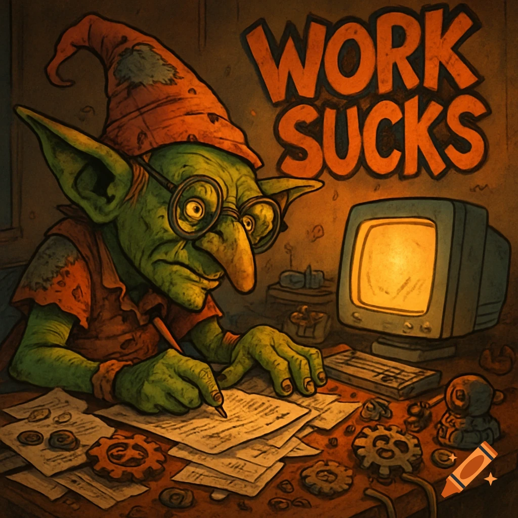 A stylized green goblin in a red hat and glasses sits at a cluttered desk, writing. Large orange text above reads "WORK SUCKS".
