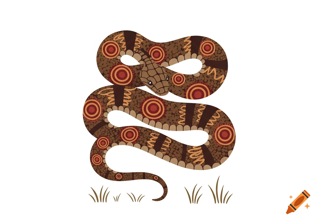An illustration of a brown snake with red and beige Australian Aboriginal dot painting and line patterns, on a white background.