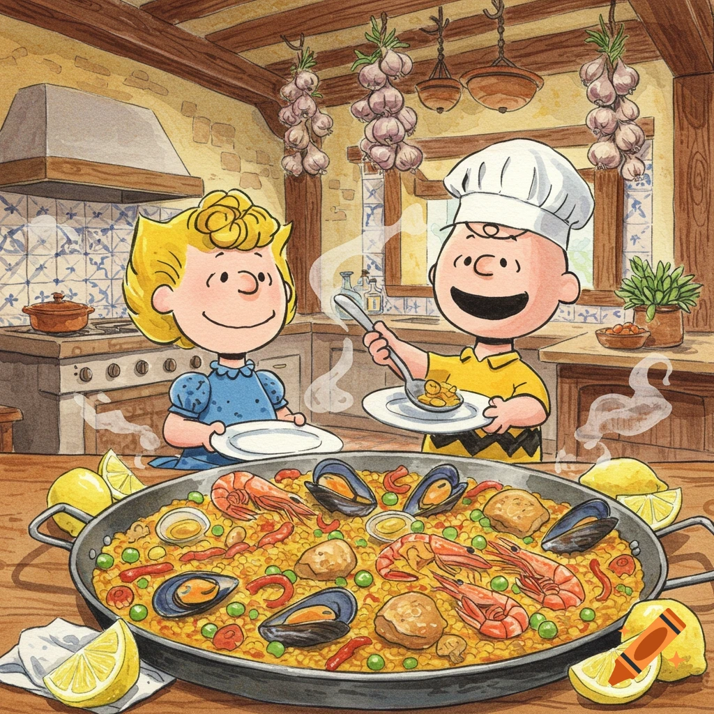 A cartoon watercolor of Charlie Brown serving paella to Sally in an old-world Spanish kitchen.