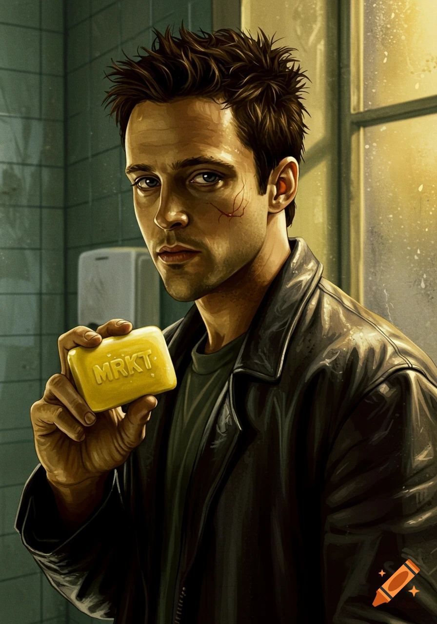 Stylized portrait of a man with short brown hair, a leather jacket, and a scar on his cheek, holding a yellow bar of soap with 'MRKT' inscribed on it.
