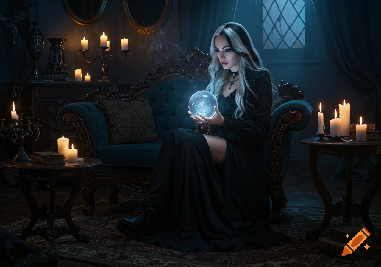 A gothic woman with black and white hair peers into a glowing crystal ball in a dark, candlelit gothic living room.