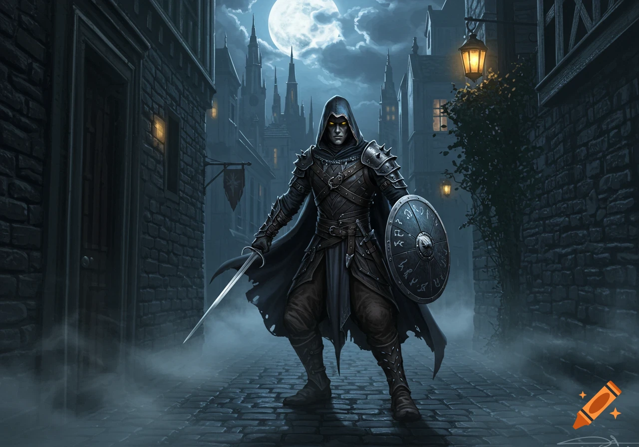 A dark cloaked figure in studded armor with glowing eyes holds a sword and shield in a misty, moonlit alley with gothic buildings.
