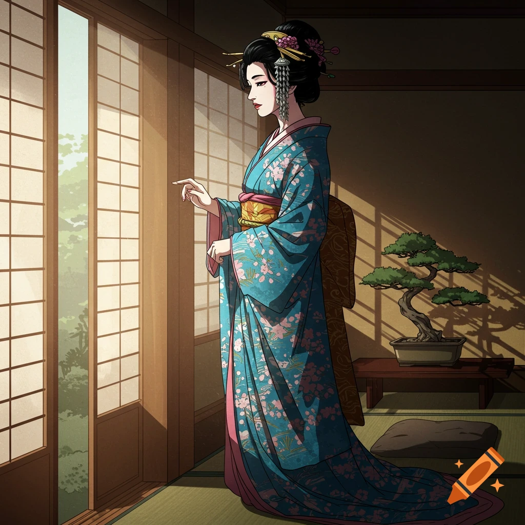 A Japanese woman in a blue floral kimono stands by a window in a traditional room with a bonsai tree, comic art style.