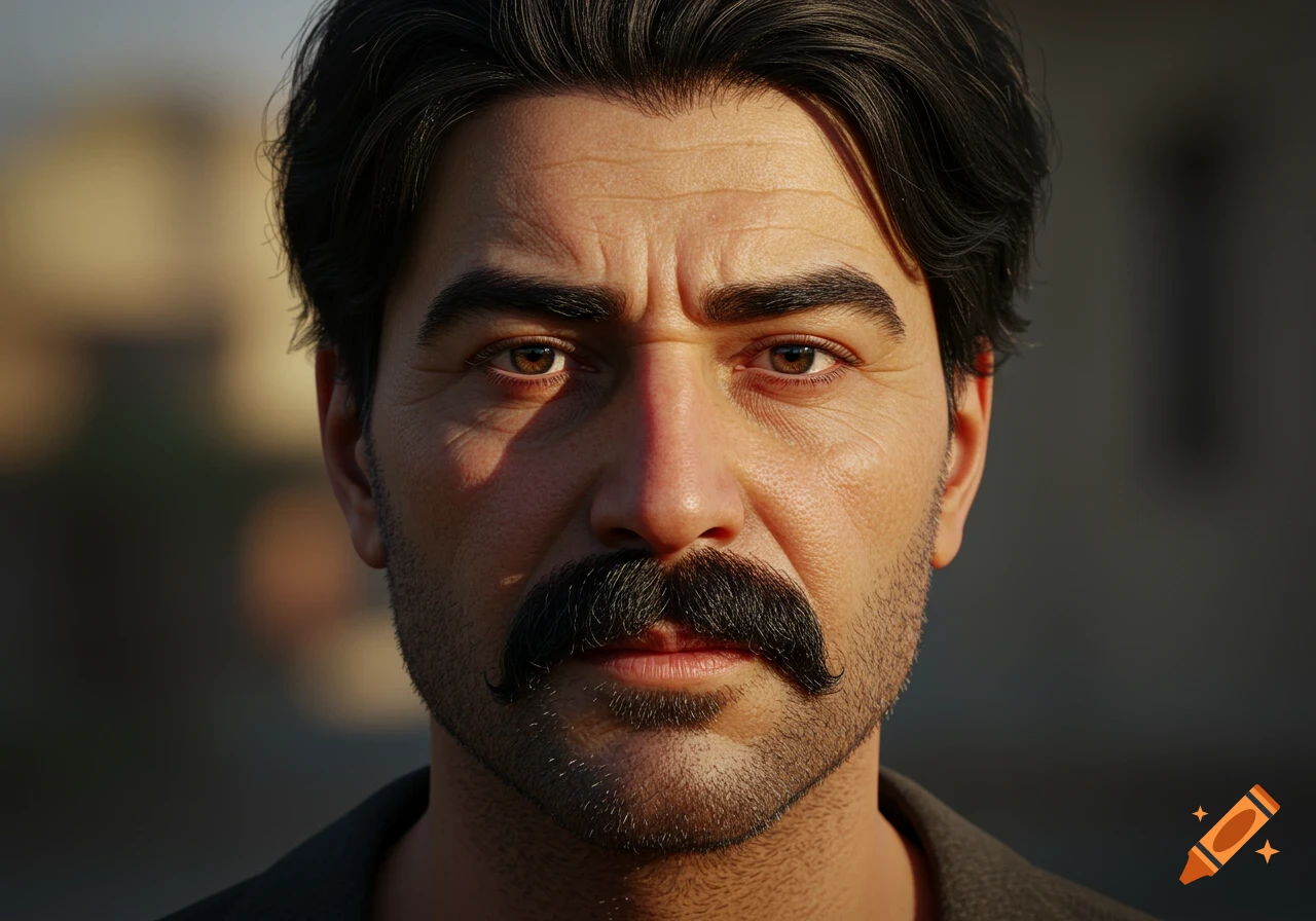 Close-up photorealistic portrait of a man with dark hair, a prominent mustache, and a beard, looking directly forward.