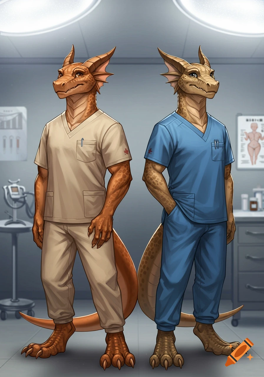 Two humanoid dragons, one in beige scrubs and one in blue scrubs, stand in a medical examination room.