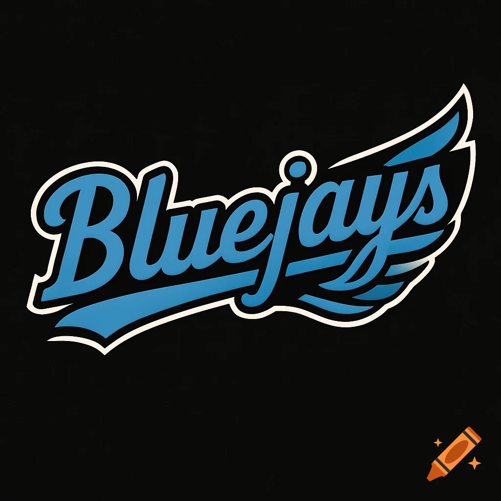 A blue and white stylized script logo for 'Bluejays' with a wing design on a black background.