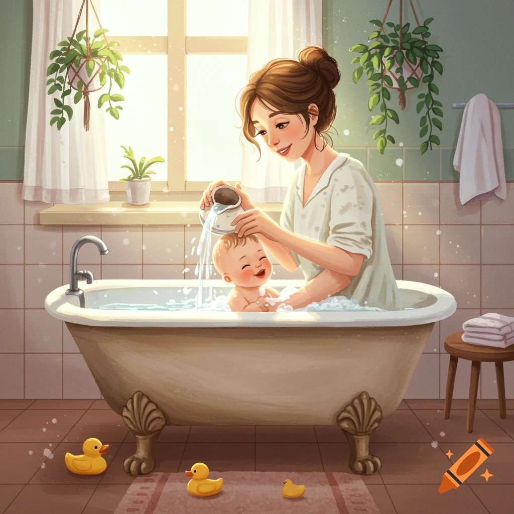 An illustration of a woman gently bathing a smiling baby in a bathtub in a brightly lit bathroom with rubber ducks.