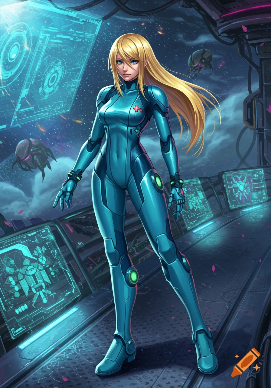 An anime-style Zero Suit Samus stands on a futuristic platform surrounded by glowing screens and alien creatures.