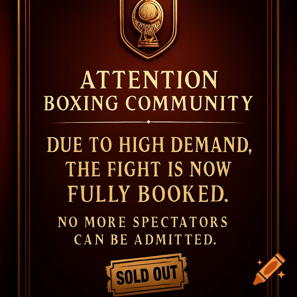 A red and gold poster announces that the boxing fight is fully booked and sold out, with a boxing logo at the top.