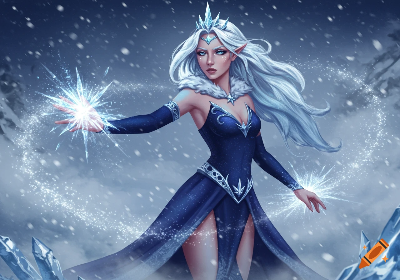 A fantasy ice queen with white hair and a blue dress casts a spell in a snowy landscape.