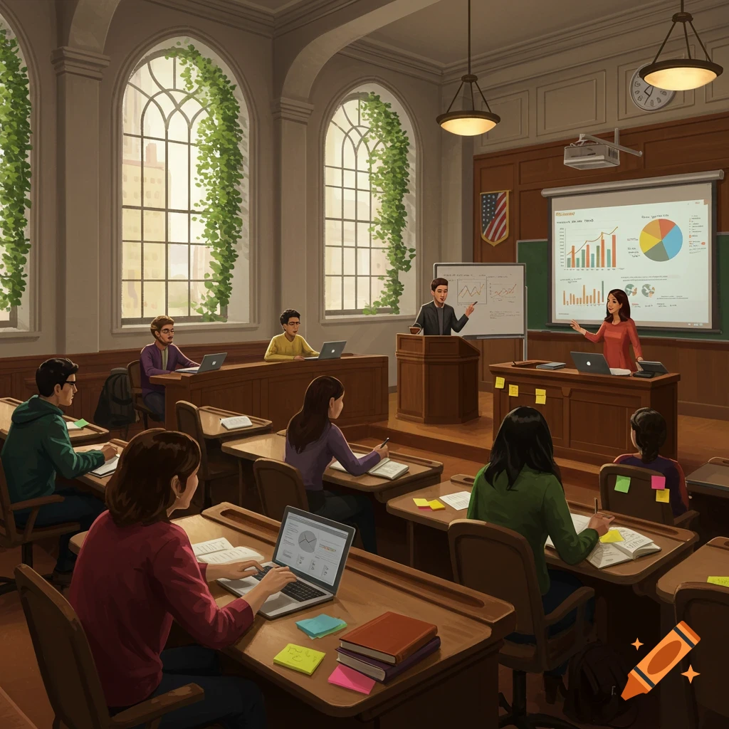 A college classroom scene with students, an instructor at a podium, and another pointing at a projected screen showing charts, in a detailed illustration.