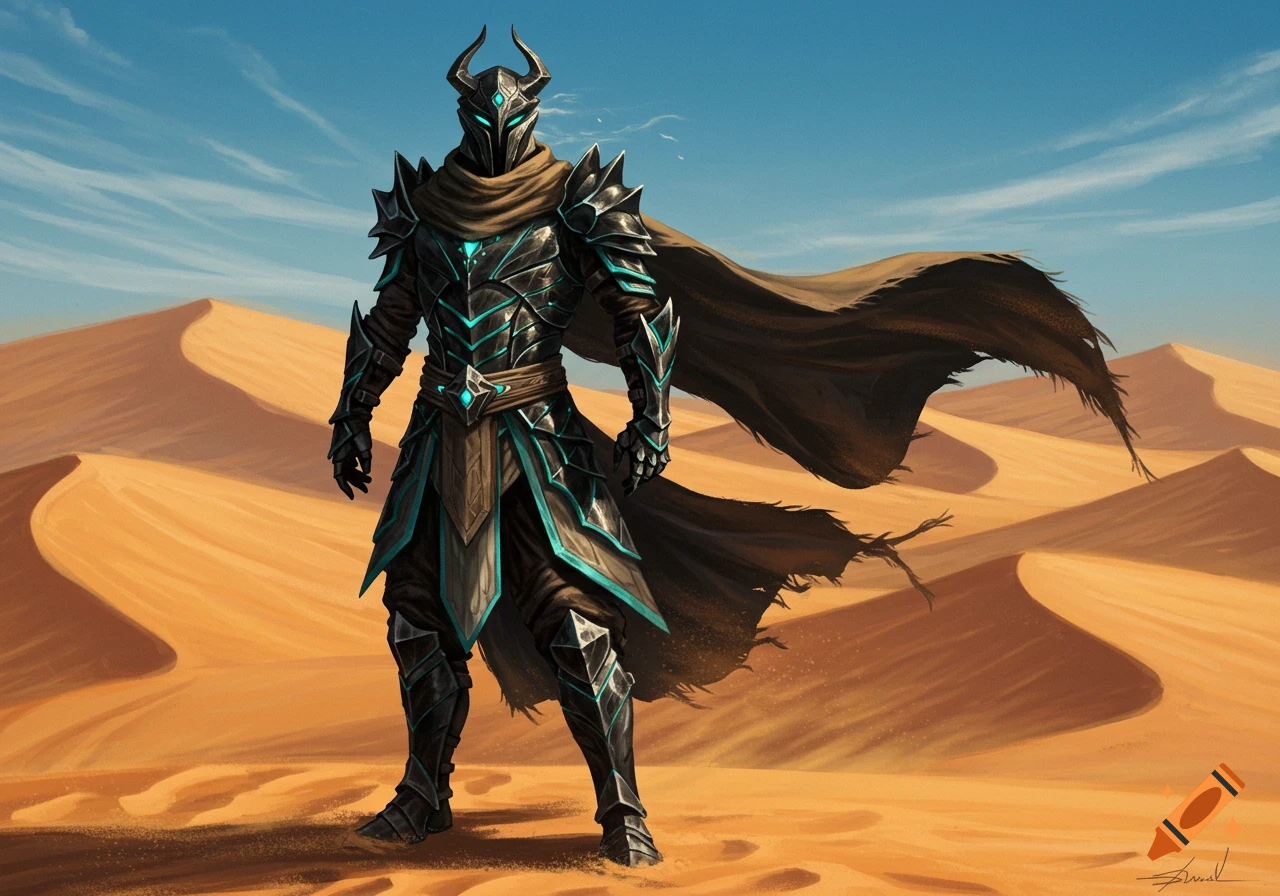 A fantasy warrior in dark intricate armor with glowing teal accents and a flowing brown cape stands on sand dunes under a blue sky.