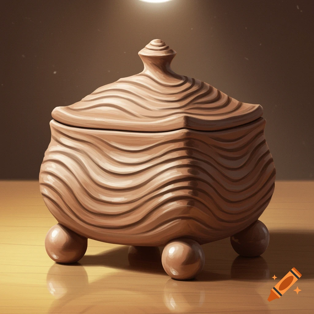 A textured clay lidded box with wavy patterns and ball feet on a reflective wooden surface.