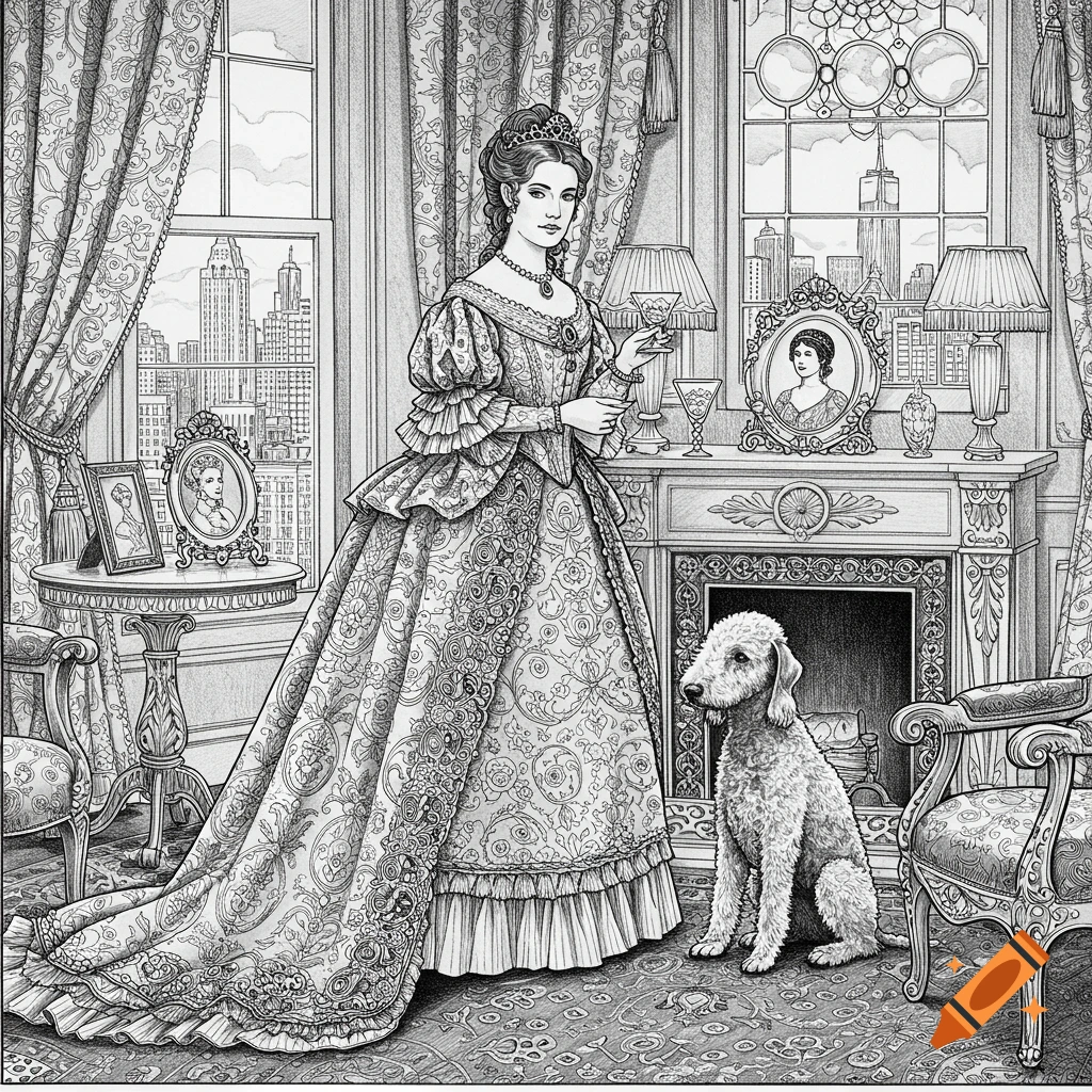 A detailed black and white Victorian line drawing shows a woman in a grand dress holding a glass, standing next to a Bedlington Terrier in a penthouse overlooking a city skyline.