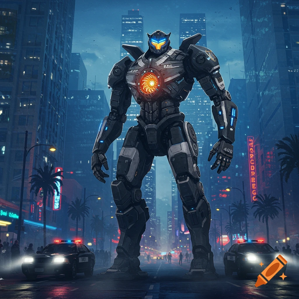 A giant dark gray robot with glowing orange and blue lights stands on a city street at night, with police cars in the foreground.