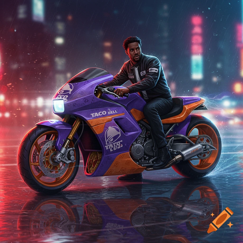 A Black man rides a purple and orange Taco Bell-branded motorcycle on a wet city street at night.