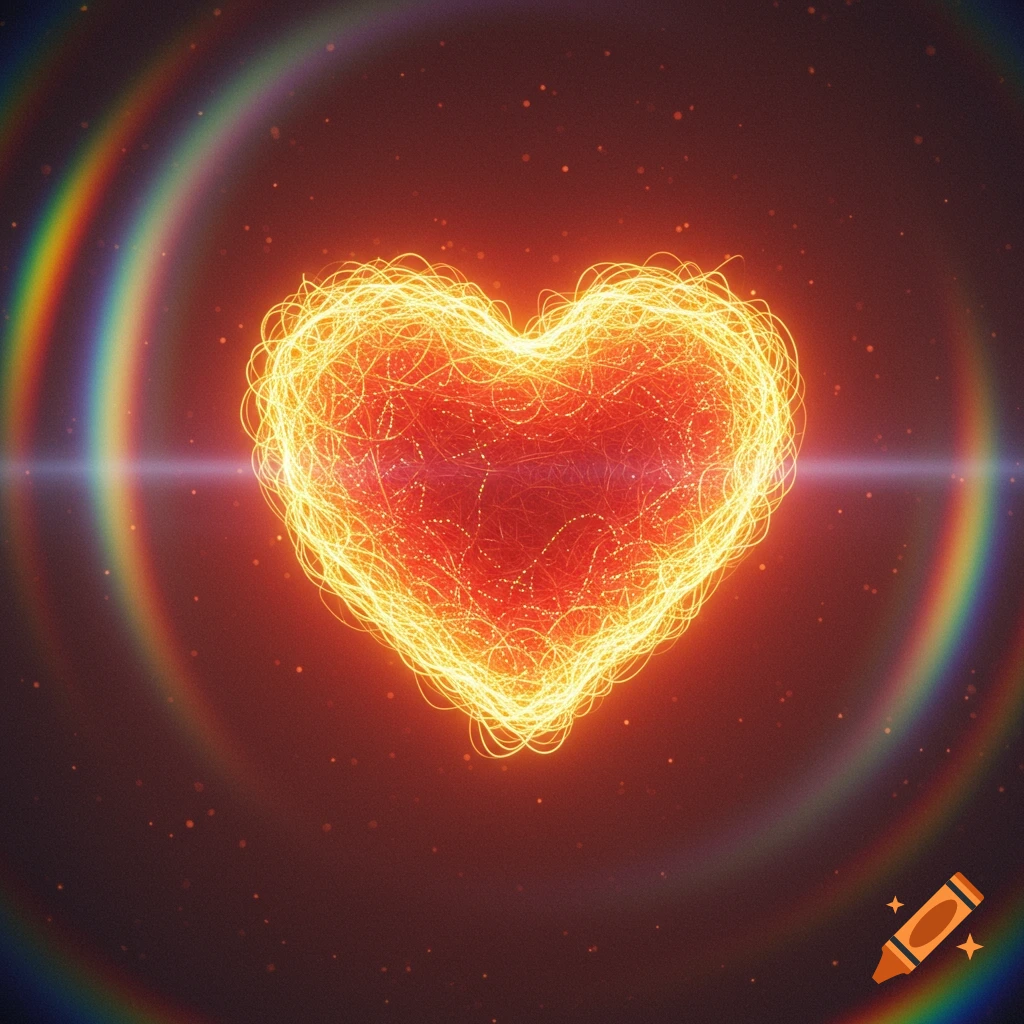 A glowing, intricate heart made of tangled light strands, against a dark, cosmic background with rainbow lens flare.