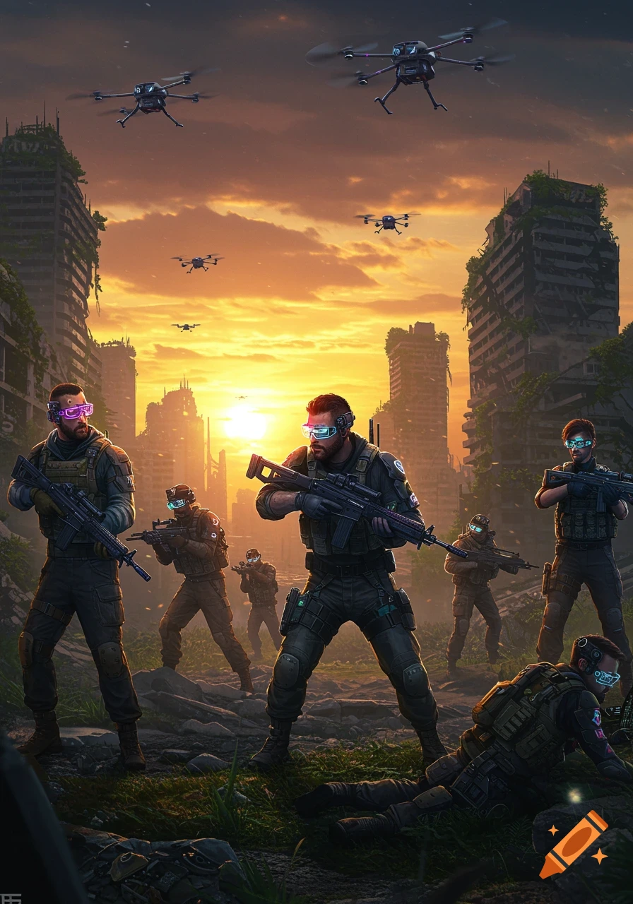 Digital art of futuristic soldiers with glowing goggles and weapons, standing among ruined buildings under a sunset sky with drones overhead.