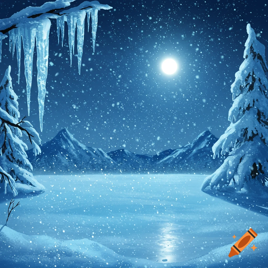 A serene snowy winter night landscape with a bright full moon reflecting on a frozen lake, surrounded by snow-covered trees and mountains under a star-filled sky with falling snow.