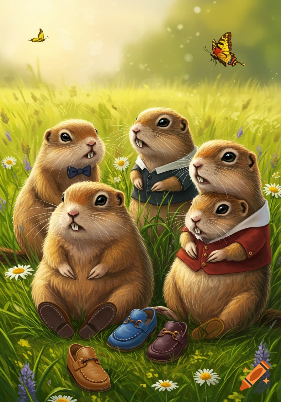 Five cute gophers, some wearing vests and a bow tie, and several pairs of loafers on the grass in a sunny field with butterflies.