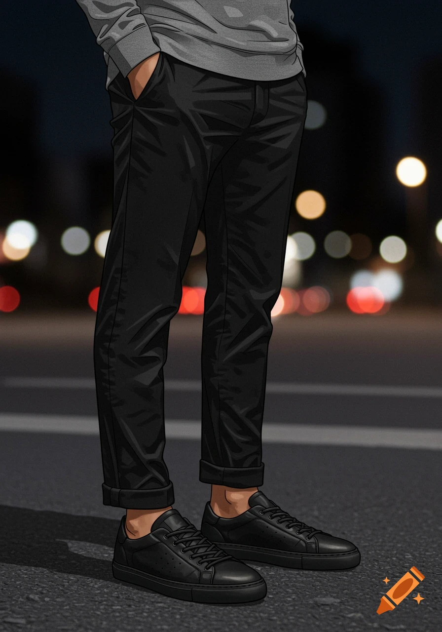 An illustration of a person wearing black leather trainers, dark chinos, and a grey shirt on a street at night with bokeh lights.