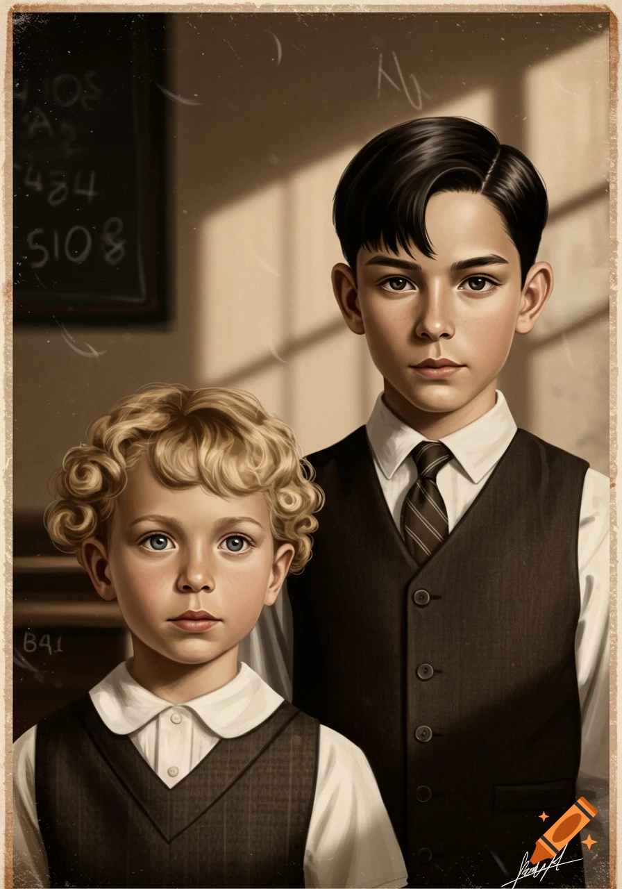 A sepia-toned school portrait of two boys in uniforms: a younger boy with curly blonde hair and an older boy with dark hair.