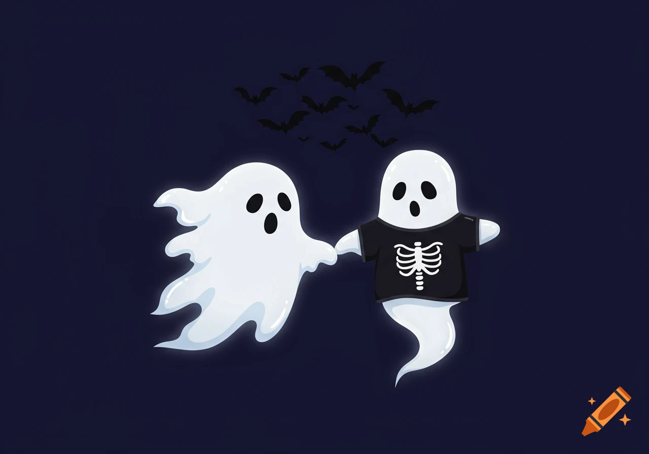 Two stylized ghosts, one traditional, one in a skeleton shirt, hold hands under bats on a dark Halloween background.