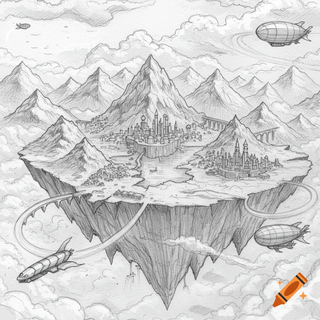 Detailed pencil sketch of a floating fantasy continent with mountains, cities, lakes, and airships, surrounded by clouds.