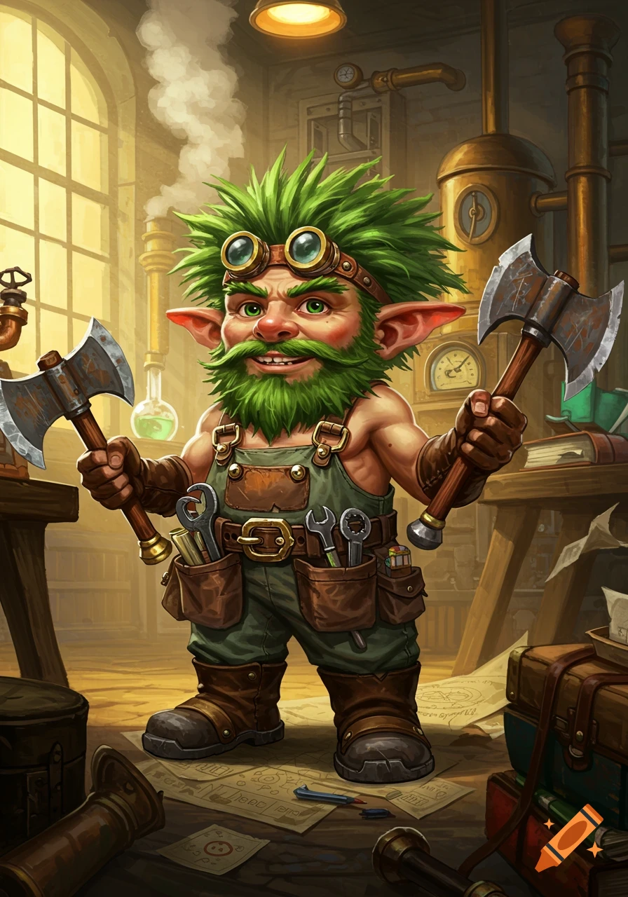 A cheerful green-haired gnome mechanic with goggles and overalls dual-wields axes in a cluttered workshop.
