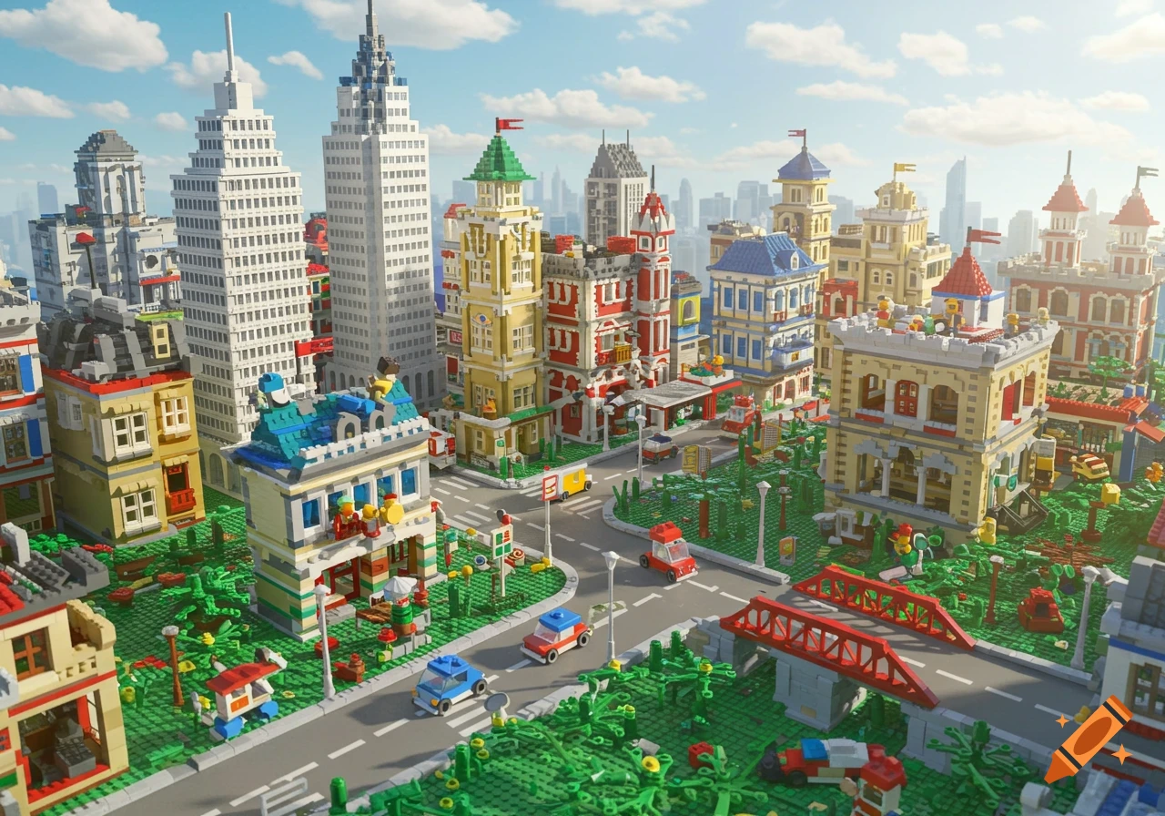 A detailed, vibrant city scene built from colorful Lego bricks, featuring tall buildings, roads with cars, and green landscaping under a bright sky.