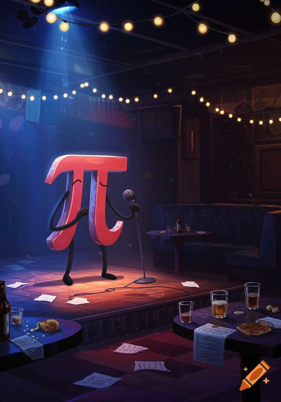 A sad, red Pi symbol with limbs sings into a microphone on a stage in a dark karaoke bar, with drinks and papers scattered around.