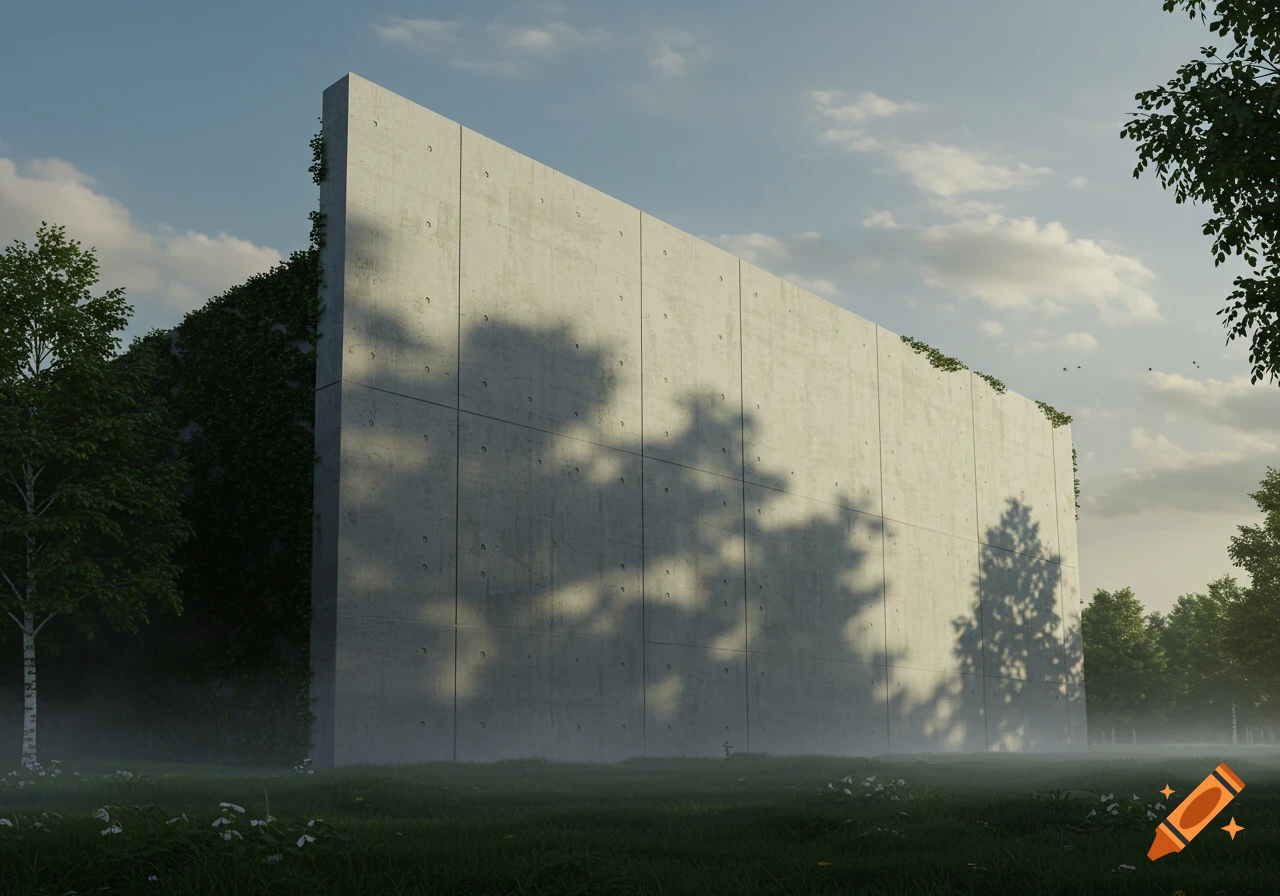 A tall, rectangular concrete wall stands in a grassy field with trees, mist, and tree shadows under a partly cloudy sky.