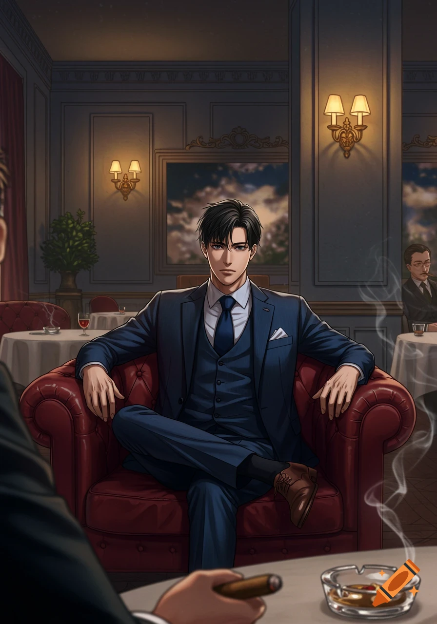 A stylish man in a dark blue three-piece suit sits in a red armchair in a fancy restaurant, looking forward. Another man smokes a cigar in the foreground. Anime art style.
