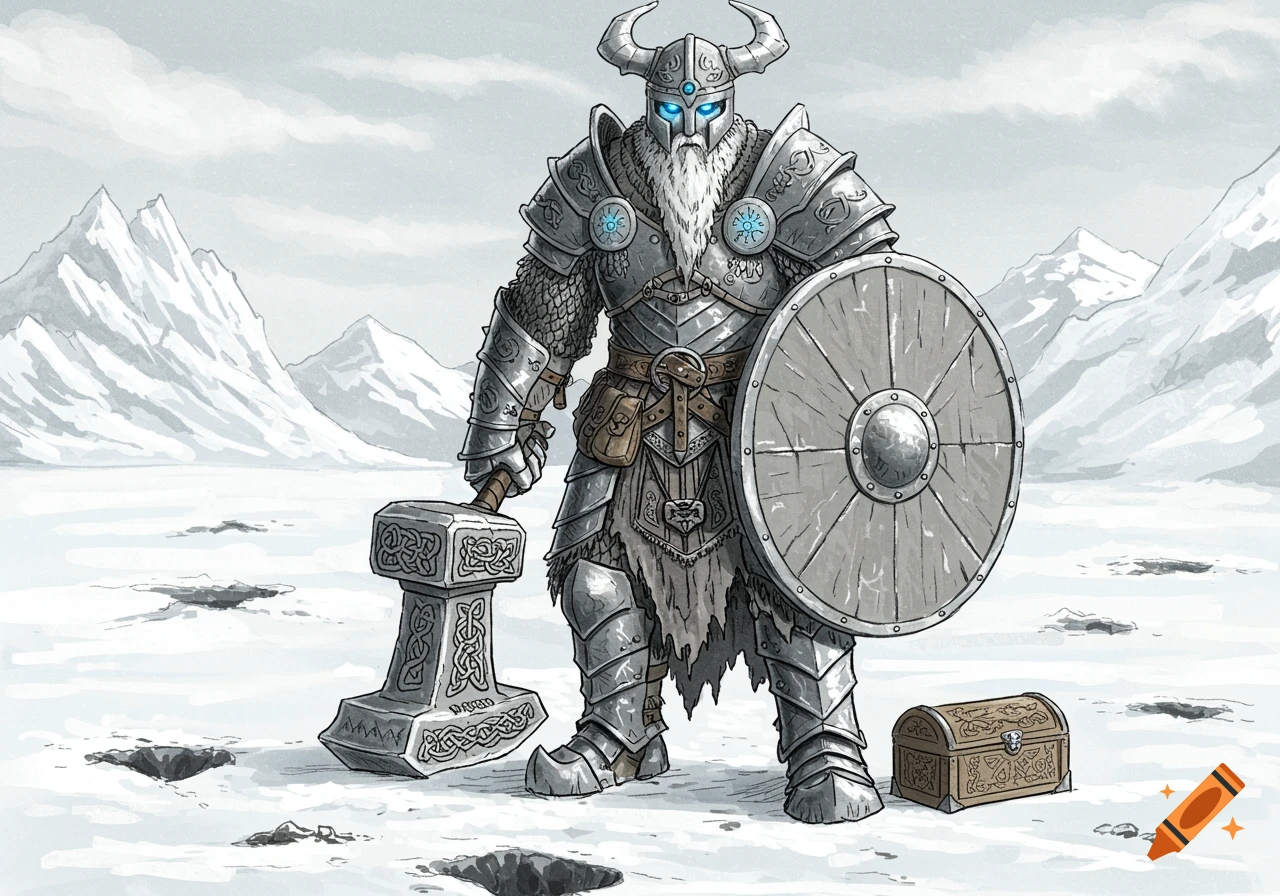 A hand-drawn illustration of a heavily armored frost giant or Viking warrior with a white beard and glowing blue eyes, holding a large Norse hammer and a shield in a snowy mountain landscape, with a small wooden chest nearby.