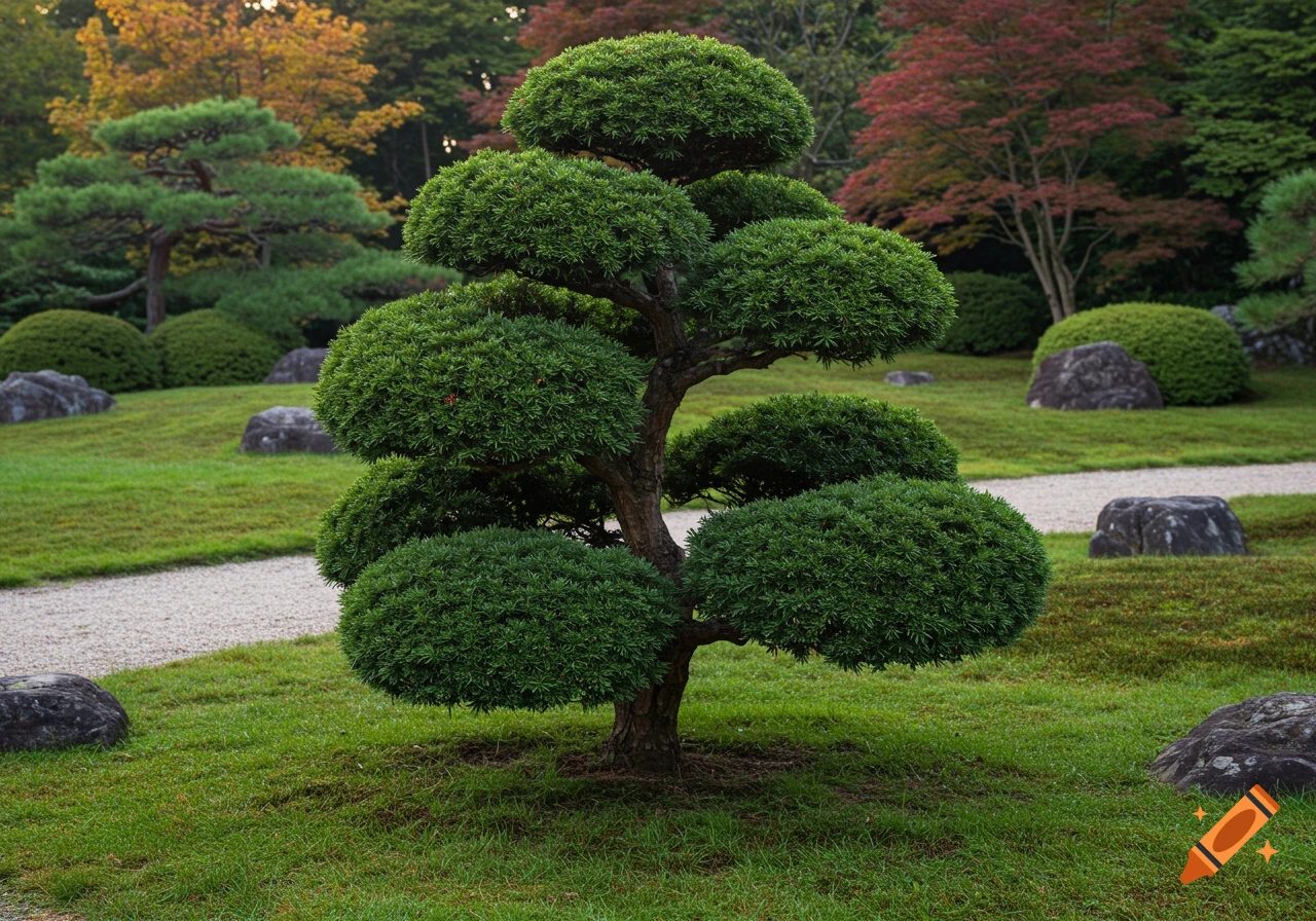 Photorealistic image of a Japanese yew tree in pom pom topiary style in a tranquil Japanese garden with rocks and grass.