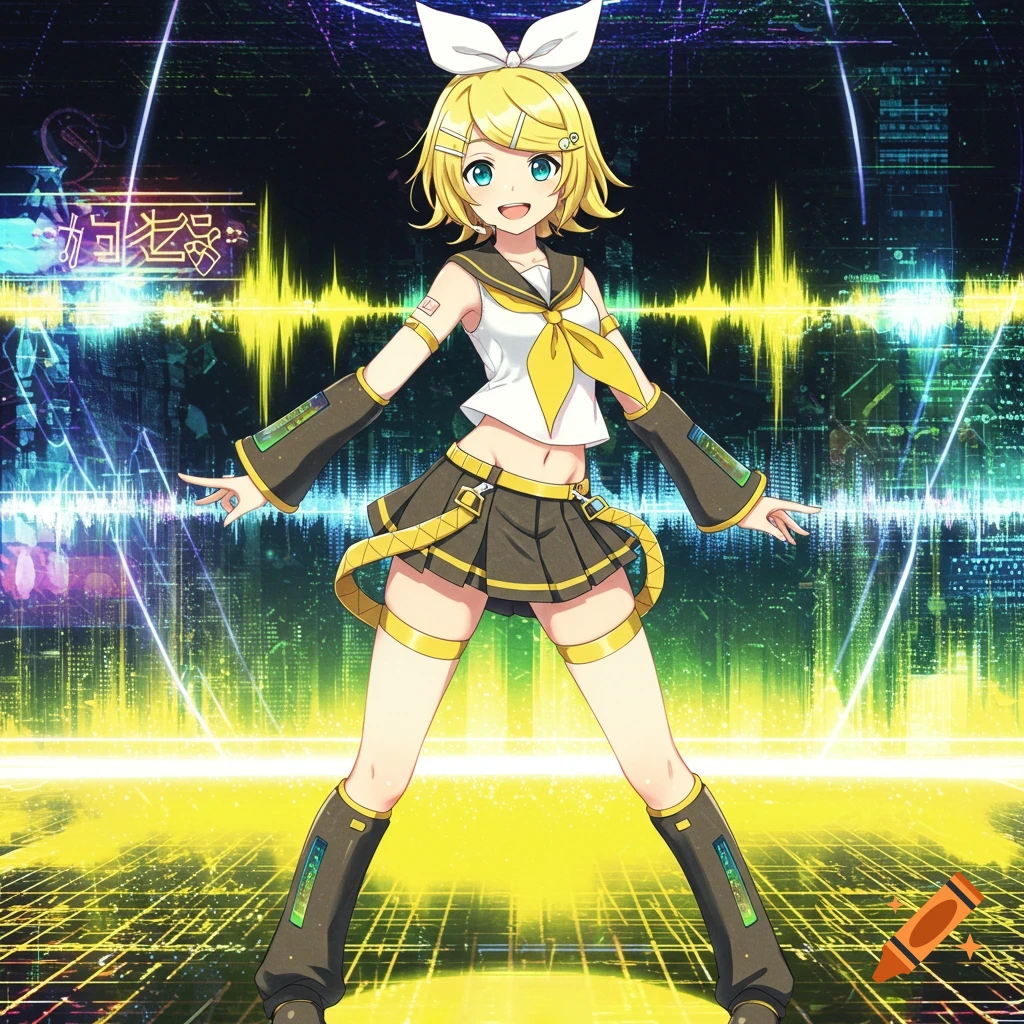 Anime character Kagamine Rin in a futuristic digital setting with sound waves and neon lines.